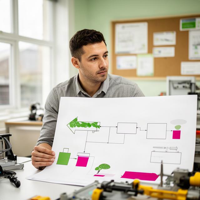 Suvin Rookledge reviewing a process diagram in a bright North Wales engineering office