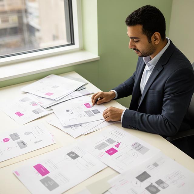 Munir Muriidi planning a regulated industry software project with printed workflows on a desk