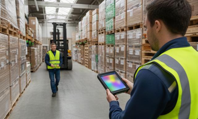 Builders merchant warehouse team scanning stock pallets for a multi-site inventory system