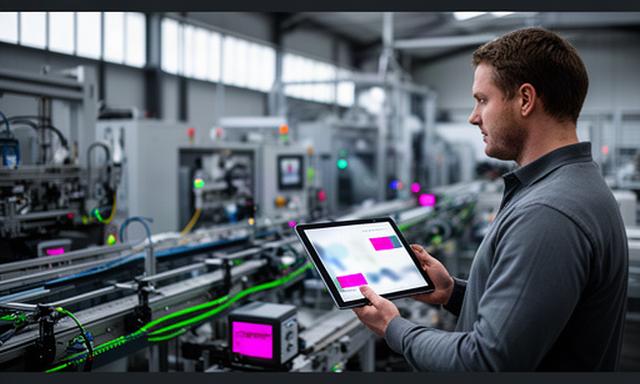 Operations manager reviewing connected manufacturing dashboards beside a production line in a Welsh factory
