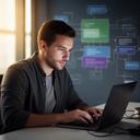 Lead developer writing workflow code beside an integration architecture diagram
