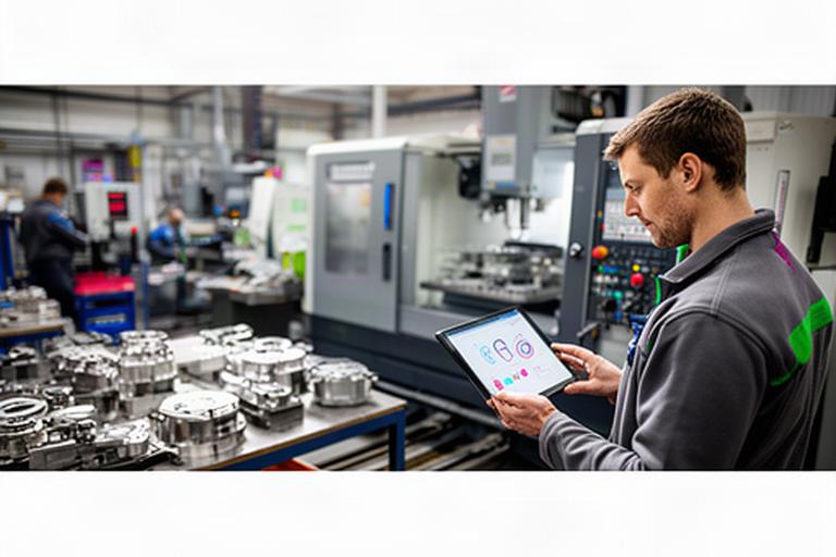 Manufacturing operator reviewing production jobs beside machinery on a busy UK shop floor