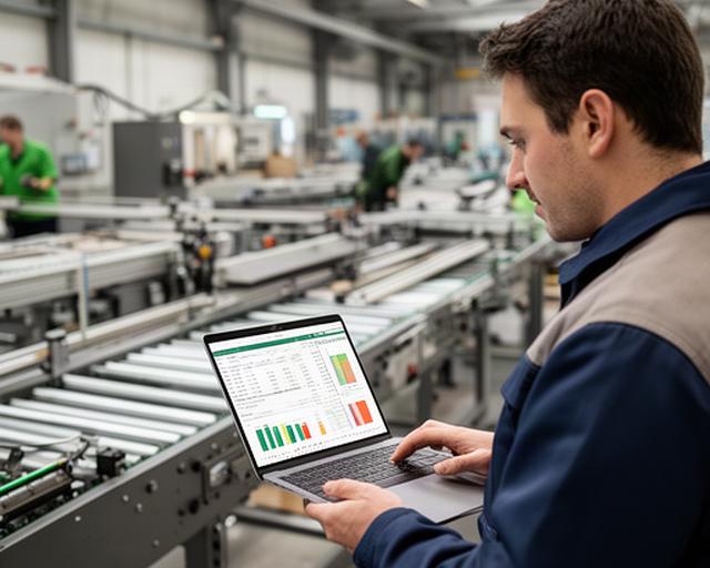 Production planner reviewing digital order records beside a busy Welsh manufacturing line